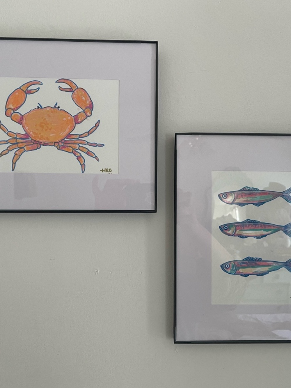 Paint and paint marker, Original Crab and sardines set of Art Pieces.